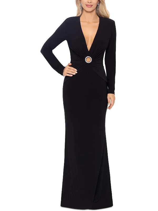 Womens Embellished Long Evening Dress Crew Neckline Casual
