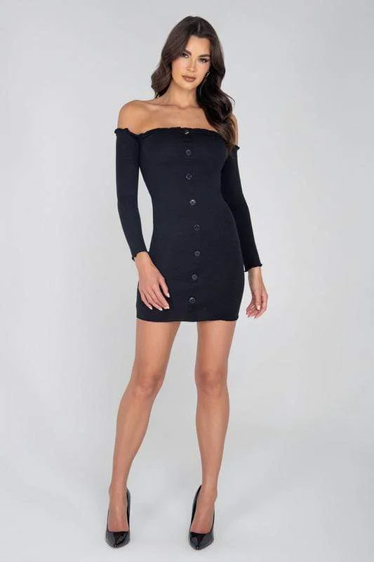 Black Ribbed Off Shoulder Mini Dress Elegant Floral-Print Mini Dress