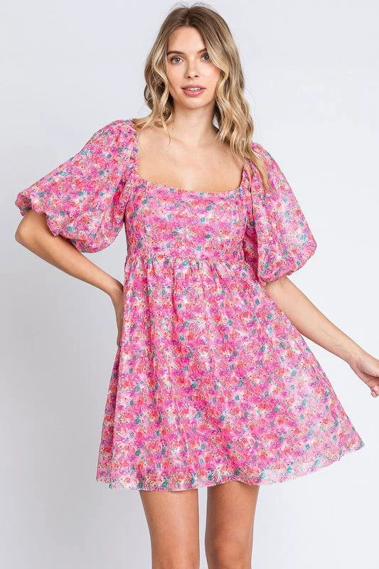 GeeGee Sequin Floral Babydoll Mini Dress Trendy A-Line Mini Dress