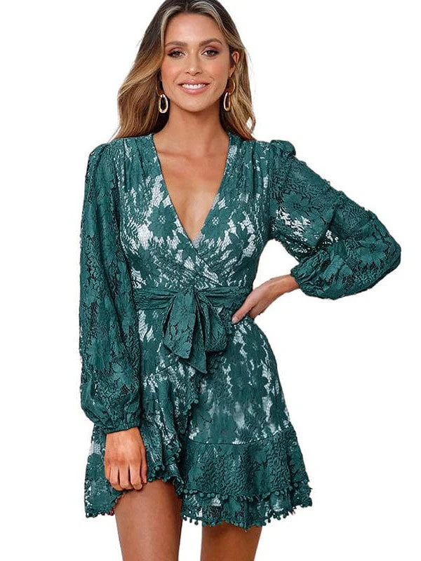 White Lace Mini Dress with Puff Sleeves Cozy Cowl Neck Mini Dress