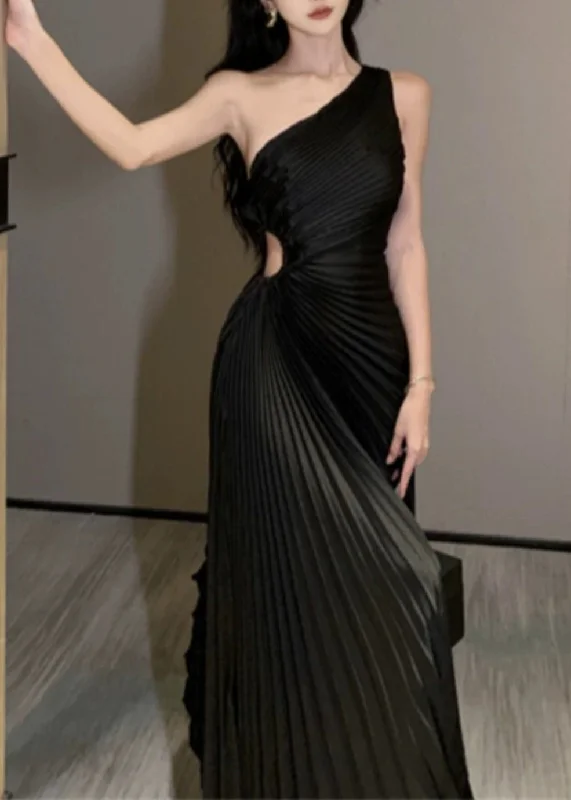 French Black Cold Shoulder Hollow Out Maxi Dress Summer EE041 Tunics Handmade artisanal