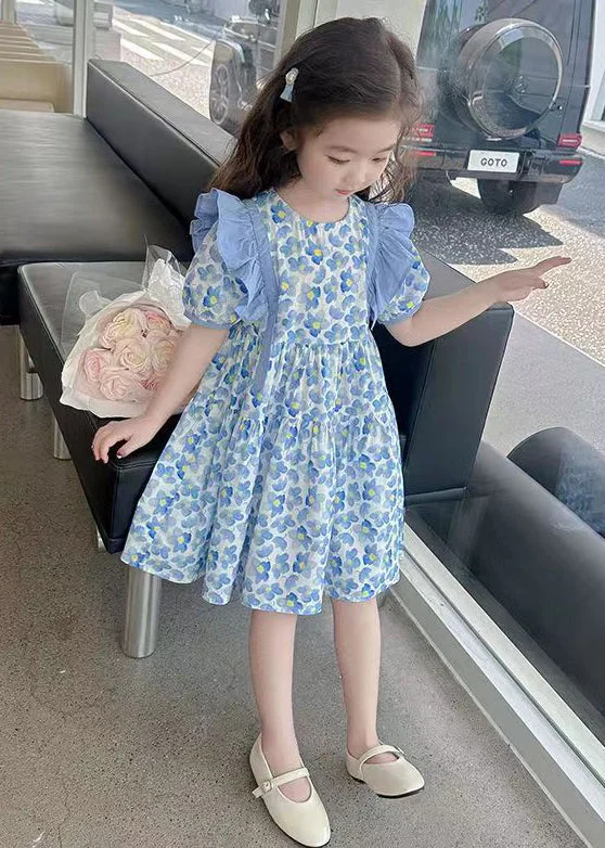 Lovely Blue Ruffled Print Cotton Girls Long Dress Summer TT015 Tunics Trendy modern