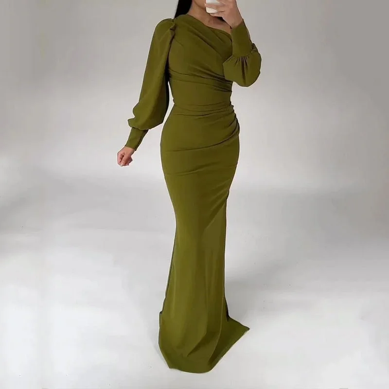 Women Maxi Dress Casual Solid Long Lantern Sleeve Inclined Shoulder Nipped Waist Slim Party Evening Dresses Streetwear Tunics Custom made Women Maxi Dress Casual Solid Long Lantern Sleeve Inclined Shoulder Nipped Waist Slim Party Evening Dresses Streetwear Tunics Custom made