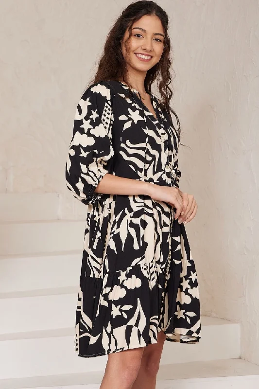 Latini Mini Dress - Black/Cream Square Neckline Feminine