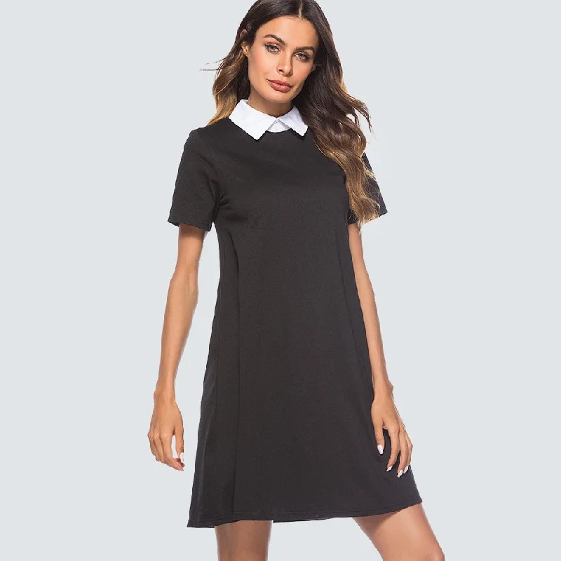Women Casual Brief Solid Color Shift Mini Dress Black Turn-down Collar Short Sleeve Straight Lady Dress HT035 Tunics Timeless classic Women Casual Brief Solid Color Shift Mini Dress Black Turn-down Collar Short Sleeve Straight Lady Dress HT035 Tunics Timeless classic