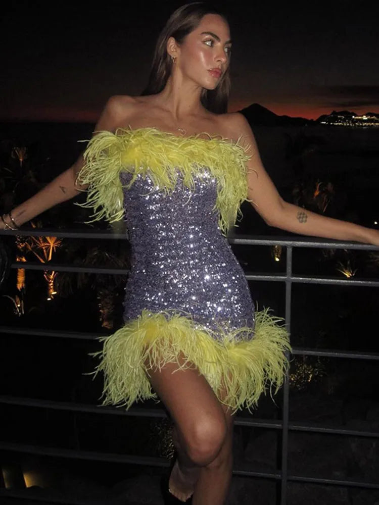 Bonnyshow Feather Sequin Mini Dresses Sexy Off Shoulder Sleeveless Women's Dresses Fashion Beach Party Short Dress Elegant Women Dress Classic Black Mini Dress Bonnyshow Feather Sequin Mini Dresses Sexy Off Shoulder Sleeveless Women's Dresses Fashion Beach Party Short Dress Elegant Women Dress Classic Black Mini Dress