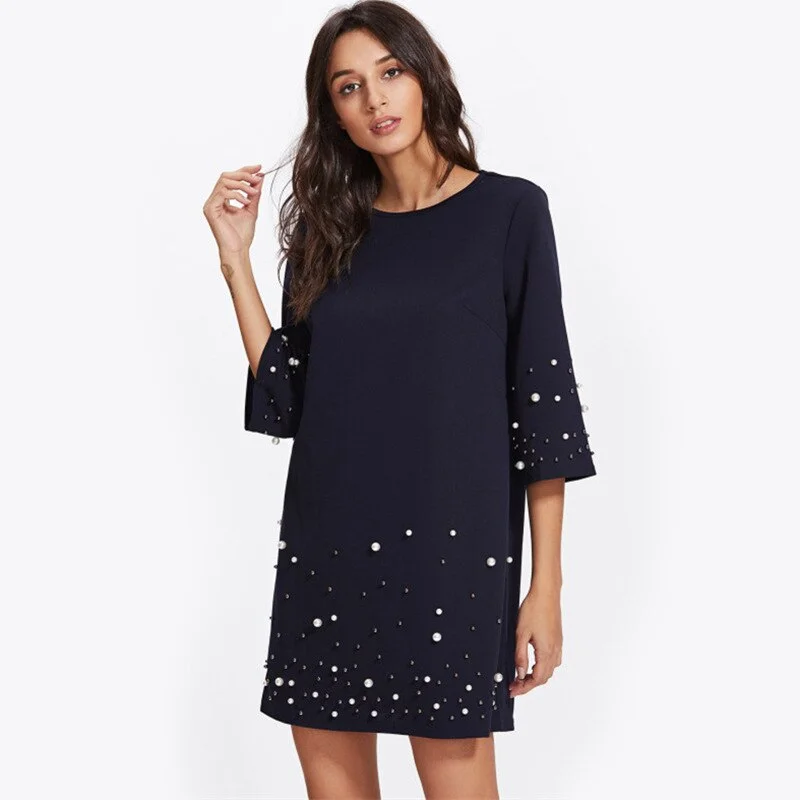 Women 3/4 Sleeve pearl embellished shift dress sukienka Plus size 2xl tunic Casual o-neck loose mini dress Summer frocks Tunics Business professional Women 3/4 Sleeve pearl embellished shift dress sukienka Plus size 2xl tunic Casual o-neck loose mini dress Summer frocks Tunics Business professional