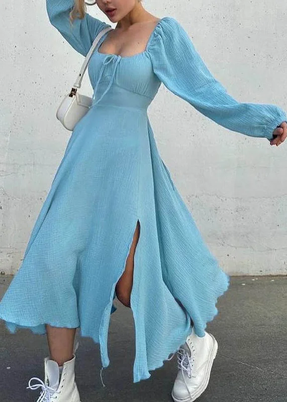 Fine Blue Square Collar Side Open Long Dress Fall EE012 Cowl Neckline Elegant