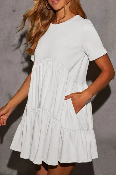 Tiered Round Neck Short Sleeve Mini Dress Classic Striped Mini Dress