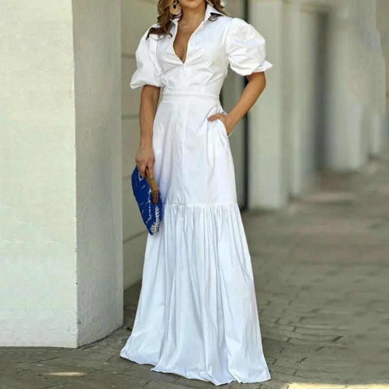 Women Maxi Dress Summer Puff Sleeve V Neck Lapel Solid Nipped Waist Backless Slit Evening Party Dresses High Streetwear Tunics Plaid country Women Maxi Dress Summer Puff Sleeve V Neck Lapel Solid Nipped Waist Backless Slit Evening Party Dresses High Streetwear Tunics Plaid country
