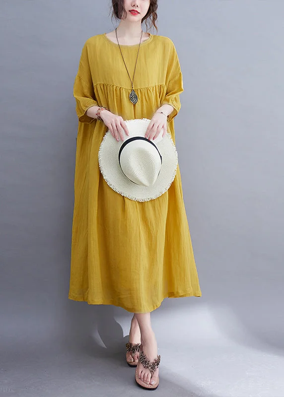 Yellow O-Neck Wrinkled Maxi Dress Half Sleeve UU017 Boat Neckline Classic