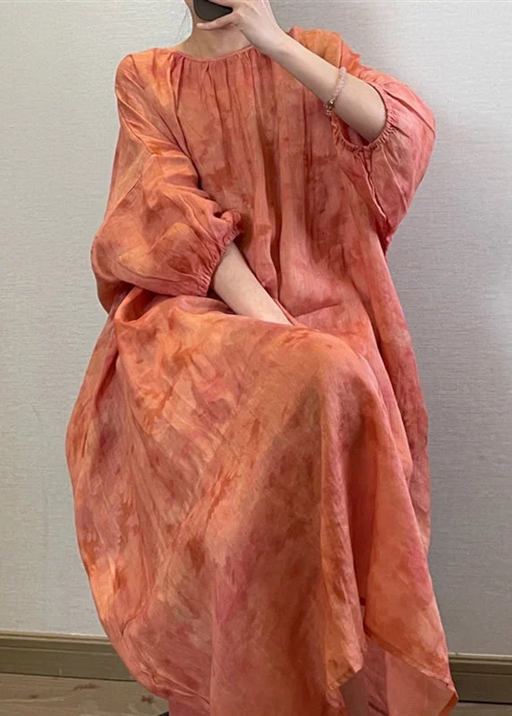 Boutique Orange O-Neck Print Maxi Dresses Long Sleeve UU040 Tunics Fleece cozy