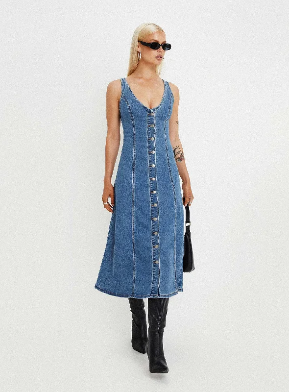 Midler Denim Midi Dress Mid Blue Tunics Floral girly