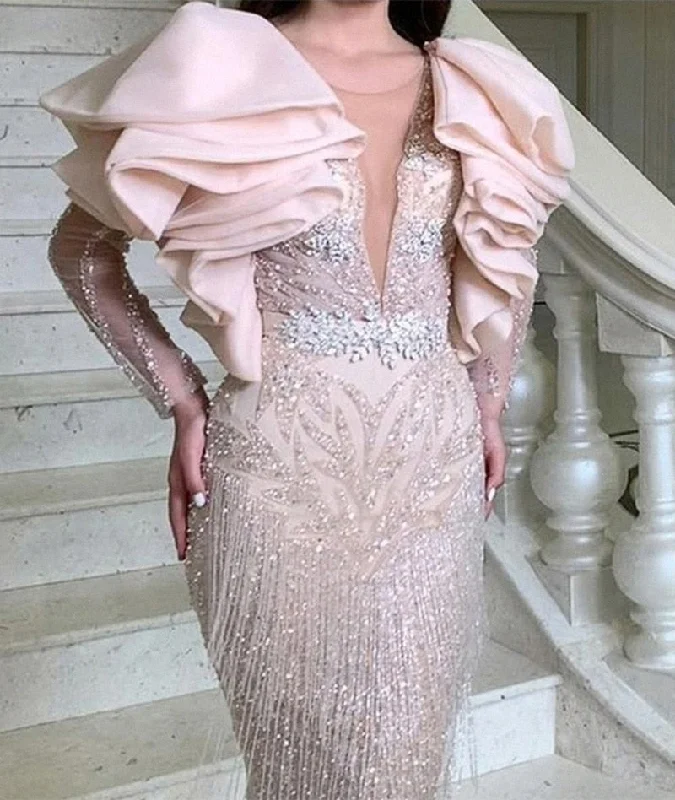 Zjkrl Sequined Long Sleeve Fringed Bodycon Evening Dress Without Belt Tunics Brand named