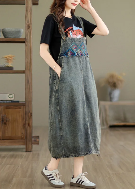 Vintage Grey Pockets Patchwork Drawstring Denim Maxi Dresses Summer UU042 Tunics Evening elegant Vintage Grey Pockets Patchwork Drawstring Denim Maxi Dresses Summer UU042 Tunics Evening elegant