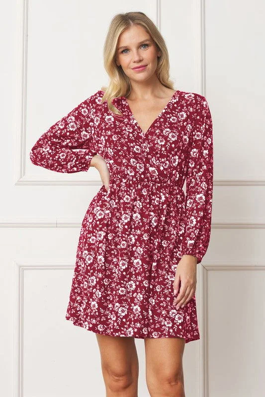 V-Neck Flowy Floral Mini Dress Trendy Button-Detail Mini Dress