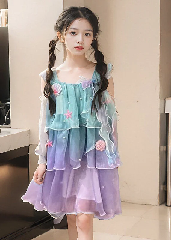 Gradient Color O-Neck Kids Chiffon Maxi Dress Summer EW024 Tunics Sophisticated sleek