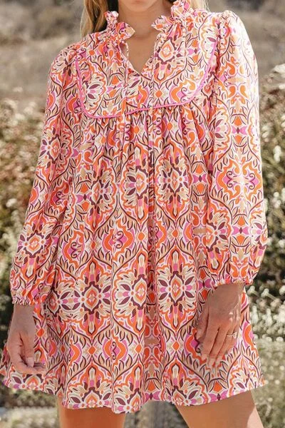 Printed Tie Neck Long Sleeve Mini Dress Elegant Velvet Mini Dress