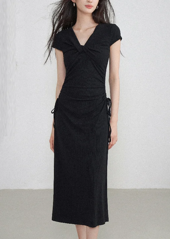 Classy Black V Neck Cinched Maxi Dresses Short Sleeve EE033 Maxi Flowy Bohemian