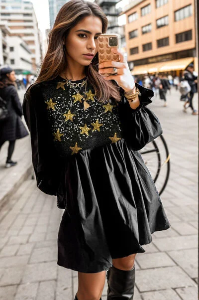 Star Sequin Round Neck Flounce Sleeve Mini Dress Cozy Knit Mini Dress