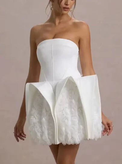 Sculptured 3D Floral White Strapless Mini Dress Elegant Velvet Mini Dress