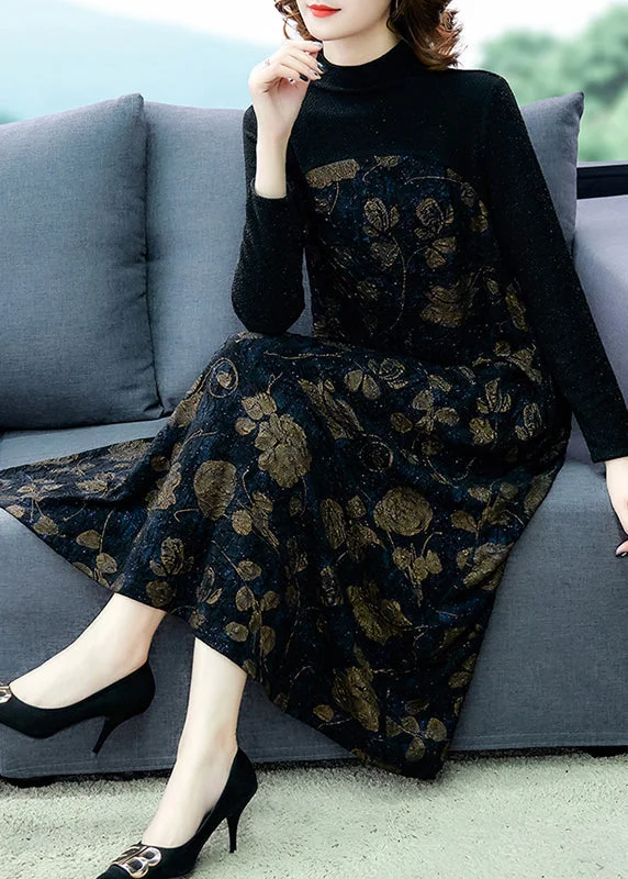 French Black Print Patchwork Warm Fleece Maxi Dress Spring OO041 Tunics Stylish modern