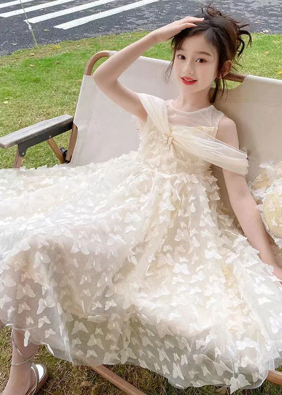 Beautiful Beige O-Neck Butterfly Tulle Girls Long Dresses Summer TT033 Tunics Yoga stretchy