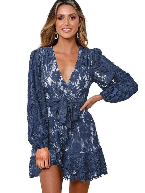 Spring Lace Mini Dress Casual Mini Dress with Pockets