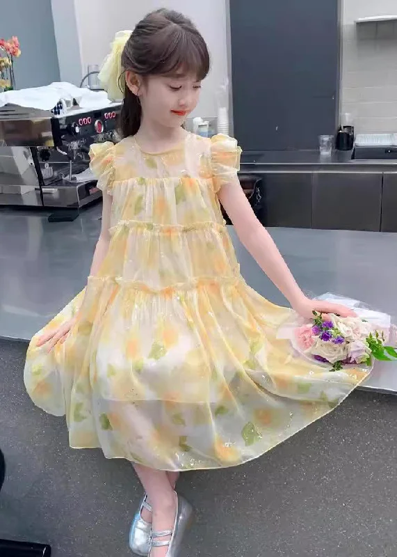 Cute Yellow O-Neck Ruffled Chiffon Girls Long Dress Summer TT021 Shift Classic Vintage