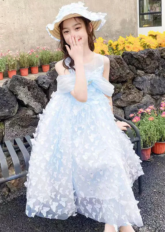 Blue Cold Shoulder Solid Tulle Girls Summer Long Dress Butterfly TT034 Tunics Occasion special