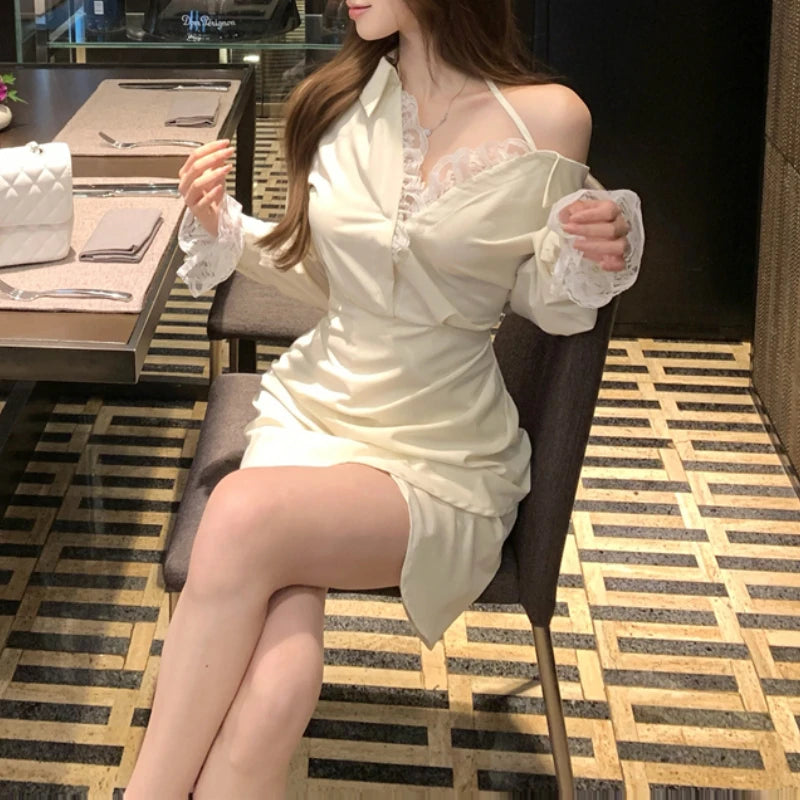 Bonnyshow Off-shoulder Lace Splicing Elegant Long-sleeved Dress Women 2024 Autumn New Korean Pleated Sexy Slim Irregular Mini Dress Chic Pleated Mini Dress Bonnyshow Off-shoulder Lace Splicing Elegant Long-sleeved Dress Women 2024 Autumn New Korean Pleated Sexy Slim Irregular Mini Dress Chic Pleated Mini Dress