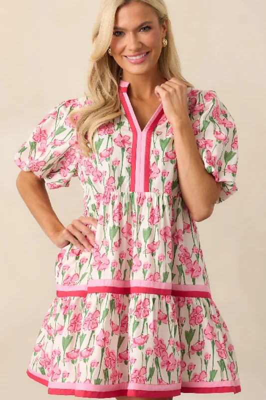 Lunch With The Girls Cotton Pink Floral Mini Dress Fashionable Lace Mini Dress