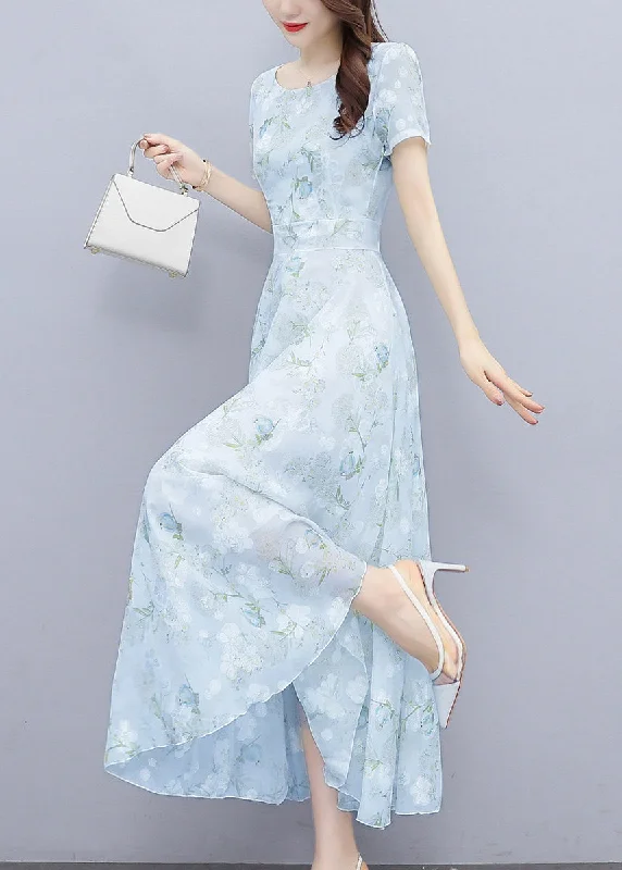 Women Light Blue Print Silm Fit Chiffon Long Dresses Summer OO024 Tunics Vintage classic