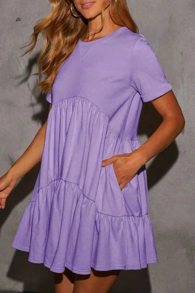 Tiered Round Neck Short Sleeve Mini Dress Comfortable Fit-and-Flare Mini Dress