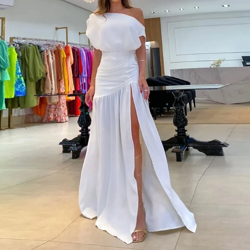 Women Maxi Dress Summer Fashion Casual Solid Nipped Waist Slim Slanted Shoulders Pleated Slit Evening Party Dresses Tunics Vintage classic Women Maxi Dress Summer Fashion Casual Solid Nipped Waist Slim Slanted Shoulders Pleated Slit Evening Party Dresses Tunics Vintage classic