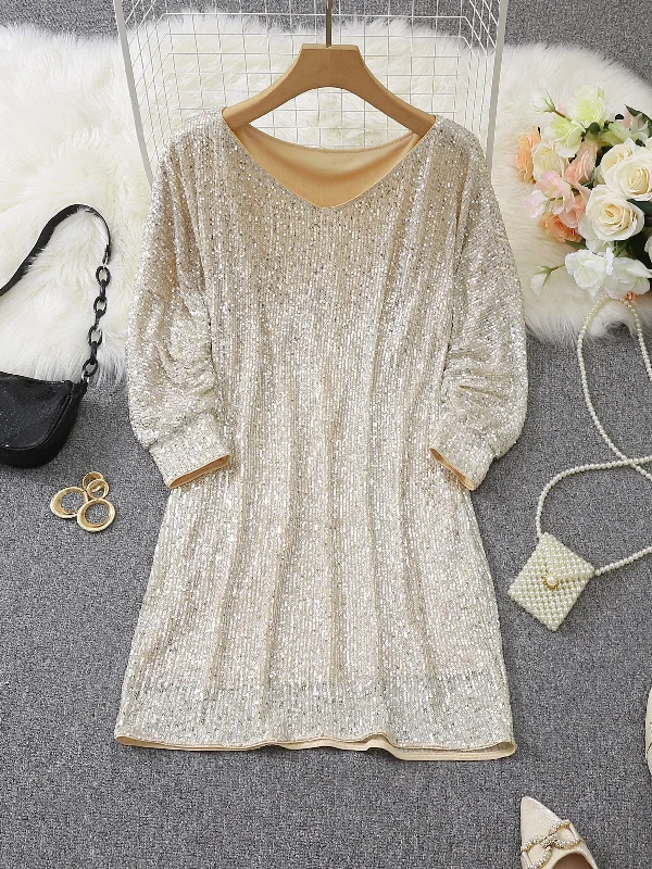 Silver Sequin Mini Dress Casual Mini Dress with Pockets