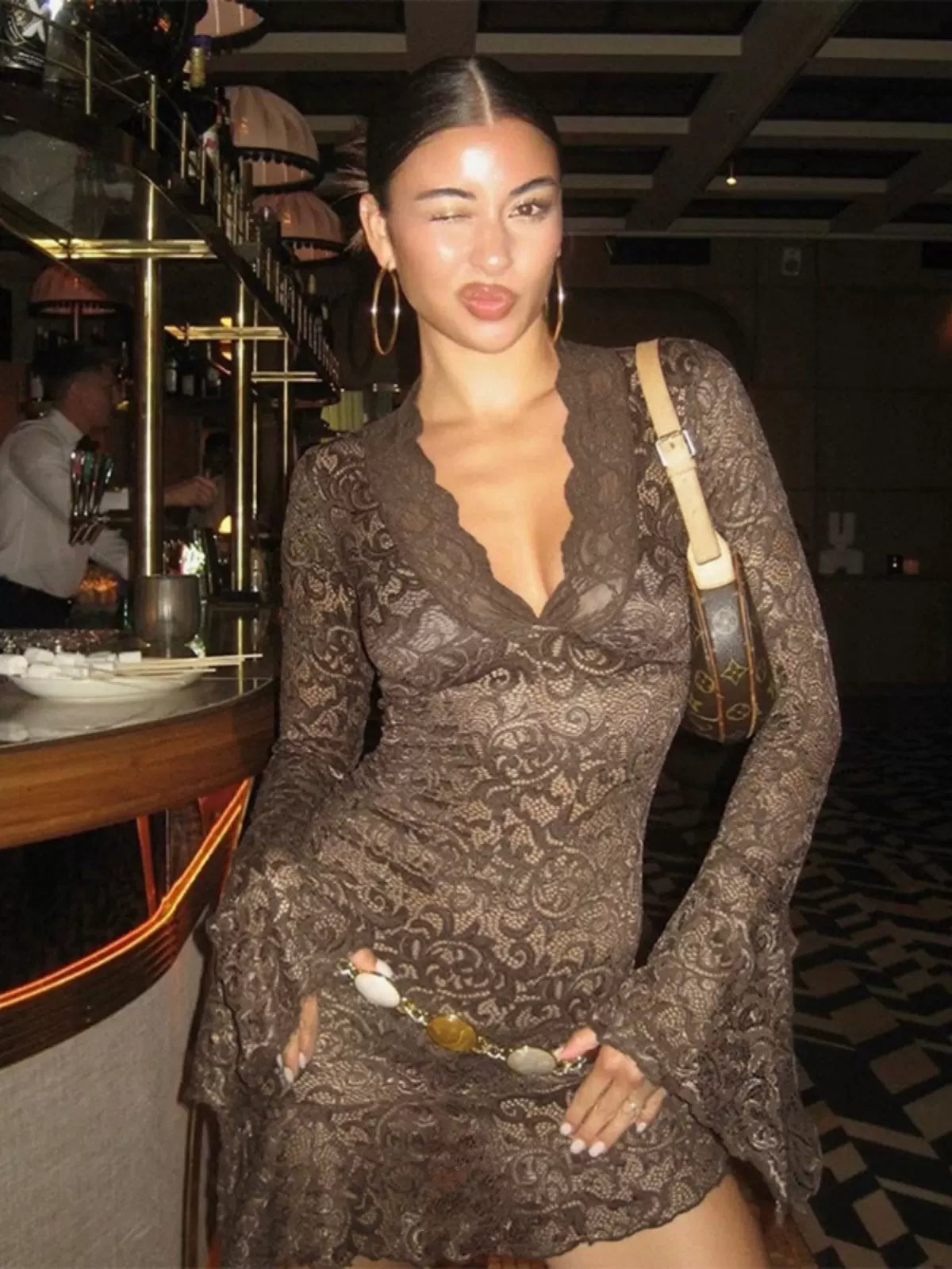 Bonnyshow Spring and Summer Dress for Women Sexy Lace Dress Long Sleeve V-neck Elegant Female Clothing Irregular Hem Mini Dress Vestidos Trendy Mini Dress with Belt Bonnyshow Spring and Summer Dress for Women Sexy Lace Dress Long Sleeve V-neck Elegant Female Clothing Irregular Hem Mini Dress Vestidos Trendy Mini Dress with Belt