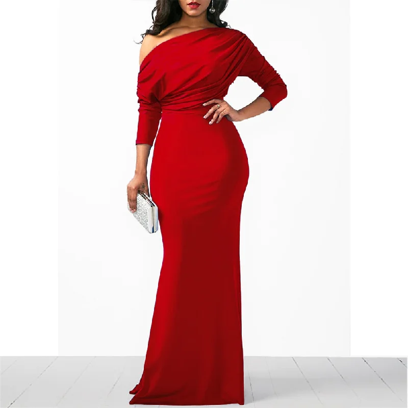 Women Oblique Shoulder Slim Folds Long Dress Elegant Evening Party Floor Length Dresses Vestido Formal Dress for Wedding Prom Dresses Tunics Fashionable chic