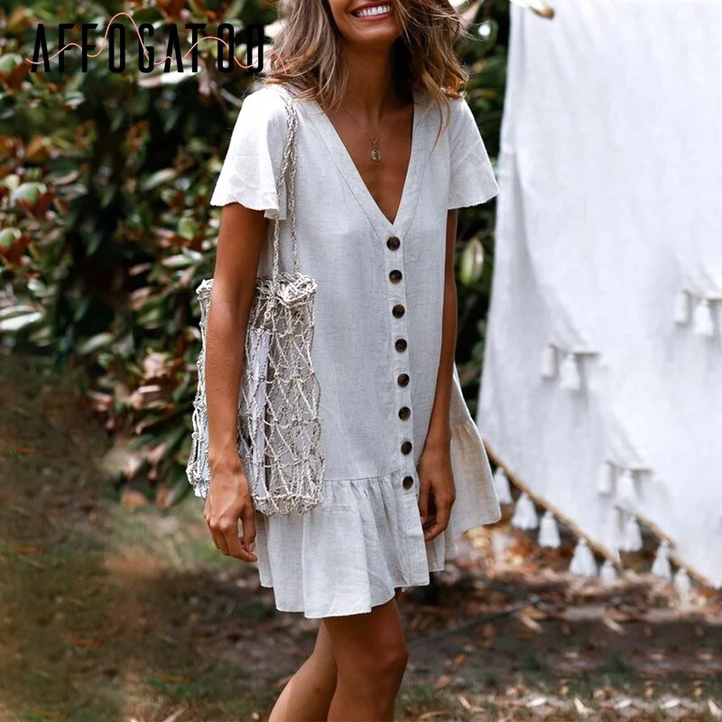 Affogatoo Casual v-neck summer cotton linen dress women Ruffle buttons loose mini dress Holiday beach shift dresses ladies 2019 Tunics Spring floral Affogatoo Casual v-neck summer cotton linen dress women Ruffle buttons loose mini dress Holiday beach shift dresses ladies 2019 Tunics Spring floral