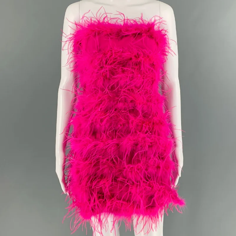 NO BRAND Size S Pink Feathers Strapless Mini Dress Fashionable Mini Dress with Frills