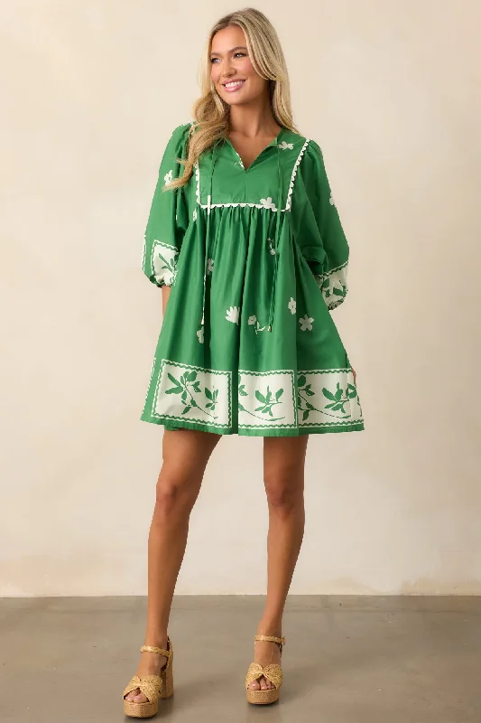 Gentle Breeze Green Cotton Floral Mini Dress Stylish Short-Sleeve Mini Dress