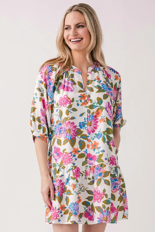 THML Flower Print Splitneck 3/4 Sleeve Dress Crew Neckline Casual