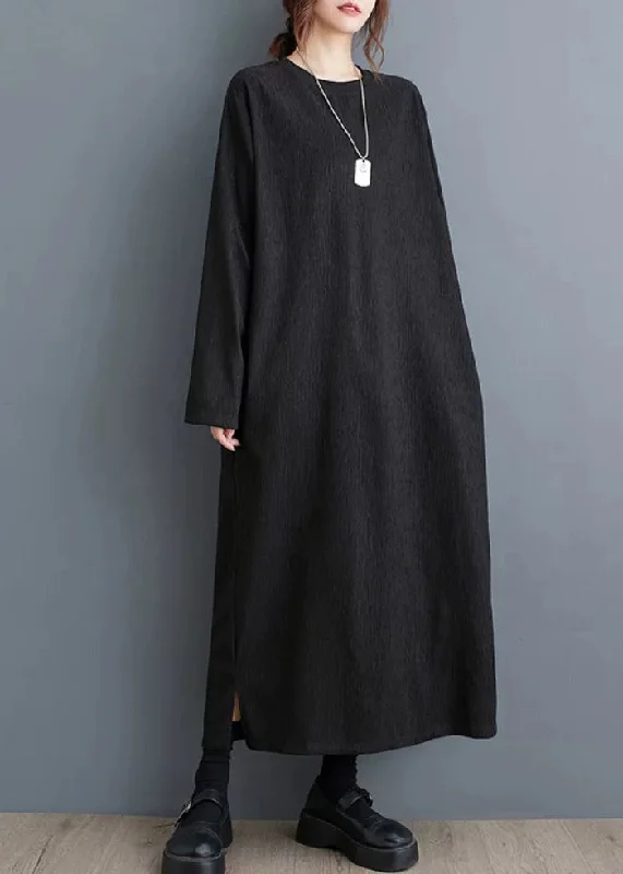Simple Black O Neck Plus Size Cotton Long Dress Fall OO033 Tunics Essential wardrobe