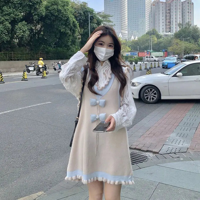 Bonnyshow Two Piece Set Women Dress Elegant Kawaii Preppy Style Patchwork One-Piece Long Sleeve Office Ladies Mini Dresses Student New Fashionable Lace Mini Dress Bonnyshow Two Piece Set Women Dress Elegant Kawaii Preppy Style Patchwork One-Piece Long Sleeve Office Ladies Mini Dresses Student New Fashionable Lace Mini Dress