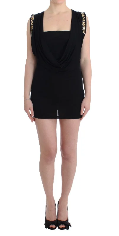 Roccobarocco Elegant Sleeveless Black Mini Dress with Gold Details Stylish Sweetheart Neck Mini Dress