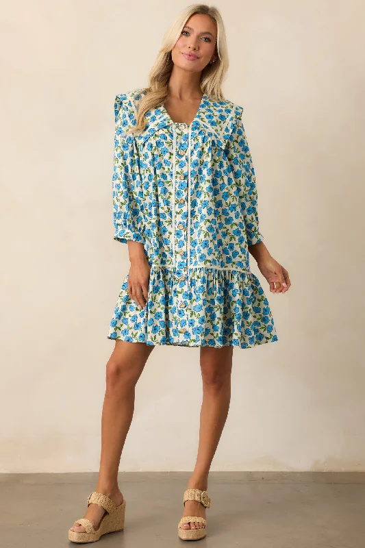 Butterfly Garden Blue Cotton Button Front Mini Dress Elegant Satin Lace Mini Dress