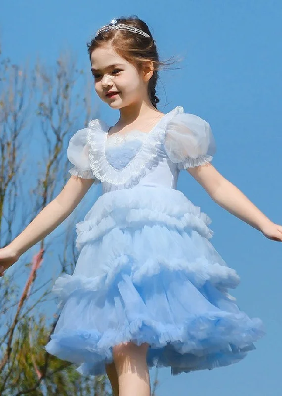 Art Blue O-Neck Ruffled Tulle Kids Girls Maxi Dresses Short Sleeve EW026 Tunics Cozy soft