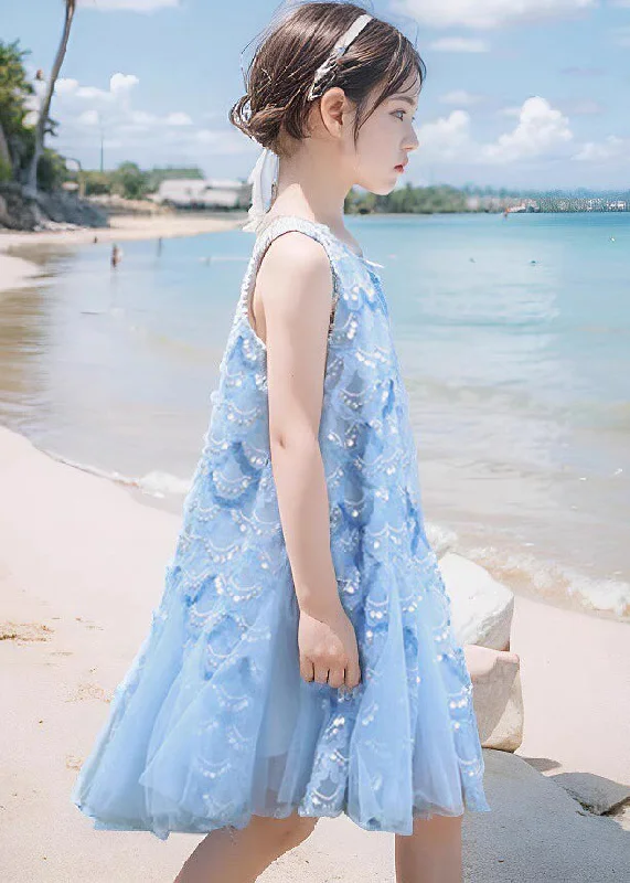 Fine Blue O-Neck Sequins Tulle Girls Maxi Dress Sleeveless EW003 Cowl Neckline Elegant