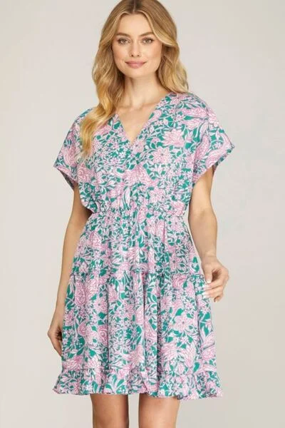 She + Sky Full Size Ruffled Hem Printed Surplice Kimono Sleeve Mini Dress Plus Size Fashionable Pleated Mini Dress