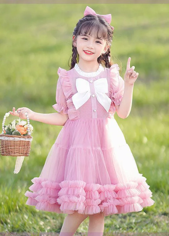 2024 New Pink O-Neck Bow Ruffled Patchwork Tulle Kids Maxi Dress Summer EW022 Tunics Exclusive limited 2024 New Pink O-Neck Bow Ruffled Patchwork Tulle Kids Maxi Dress Summer EW022 Tunics Exclusive limited
